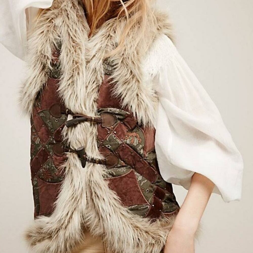 Free People Brown Faux Fur Trim Suede Vest